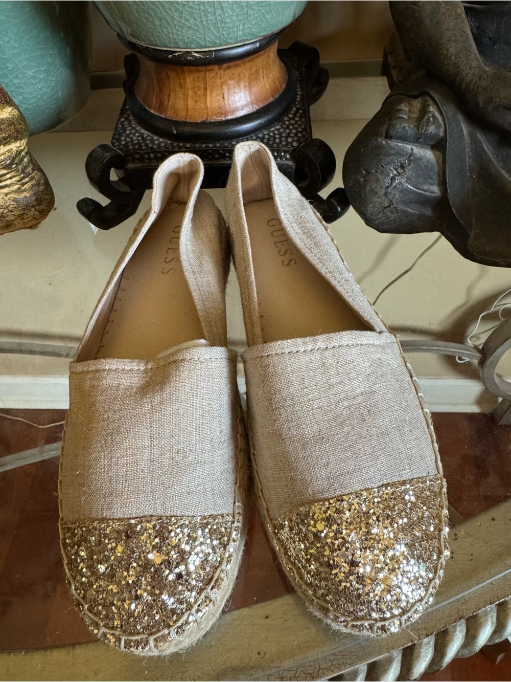 GUESS Beige Espadrille Flats with Gold Glitter Toe Caps